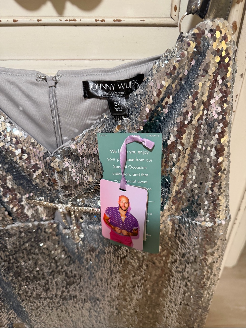 Sequin Mini Dress with chest cutout in Silver - Removable Bow - Picture 3 of 4